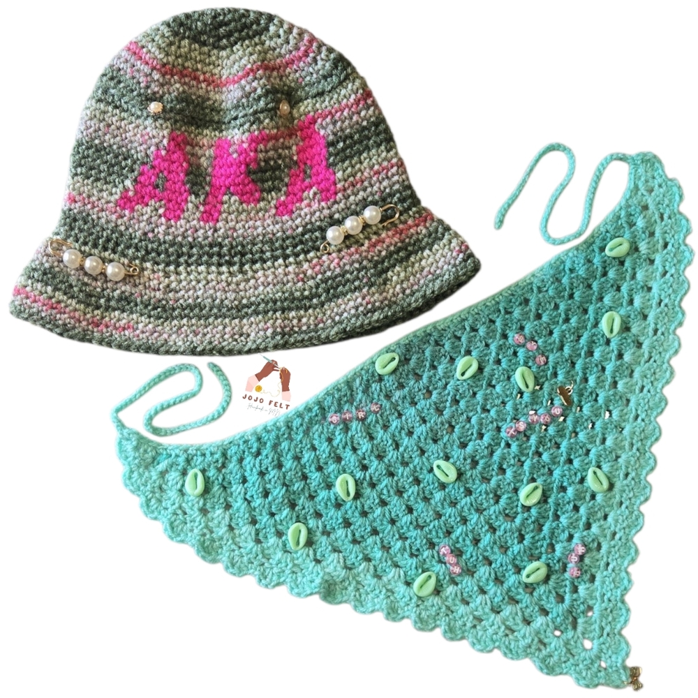 Pink/Green "AKA" Crochet Bucket Hat & Light Turquoise Ombre Scallop Edge Bandana
